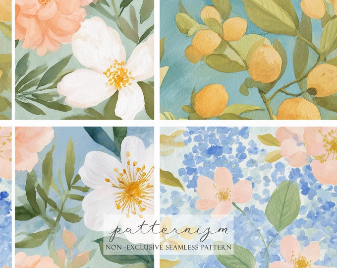 Watercolor Floral Collage Seamless Pattern – Mixed Botanical Panels in Soft Pastels, Elegant Digital Paper for Crafts