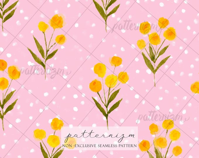 Seamless Yellow Floral Pattern Digital Download – Cute Cottagecore Flower Print, Pink Polka Dot Background, Spring Fabric Design