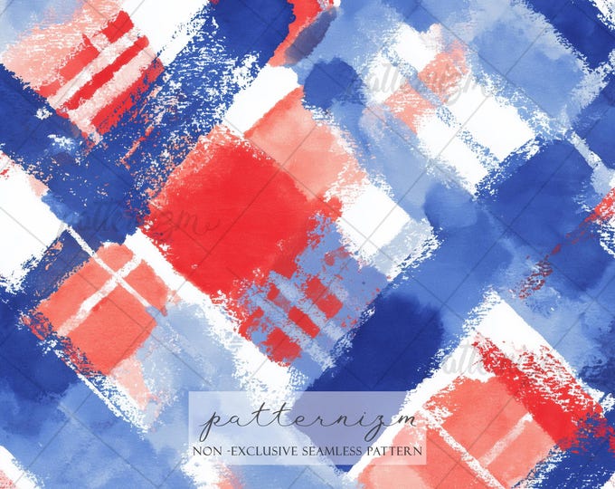 Seamless 4th of July Pattern Digital Download – Red Blue Americana Plaid, Patriotic Watercolor Brush Design