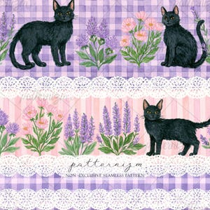 May include: A seamless pattern featuring black cats, purple and pink floral clusters, and white lace trim borders. The background alternates between a light purple gingham check and a soft pink vertical stripe design with the text patternizm.