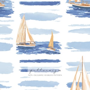 May include: Watercolor illustration of sailboats on a blue sea with blue cloud-like shapes on a white background. The sailboats have tan sails and are in various sizes. The text "patternizm" and "NON -EXCLUSIVE SEAMLESS PATTERN" are at the bottom.