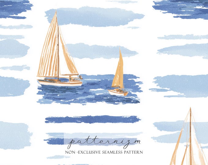 Nautical Watercolor Sailboat Seamless Pattern – Blue Seascape Stripes, Coastal Digital Paper for Fabric & Kids Crafts