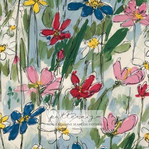 May include: A seamless pattern featuring a watercolor floral design. The artwork showcases a variety of flowers in shades of pink, red, blue, and yellow, with green leaves and stems against a light blue backdrop. The text "patternizm" is visible.