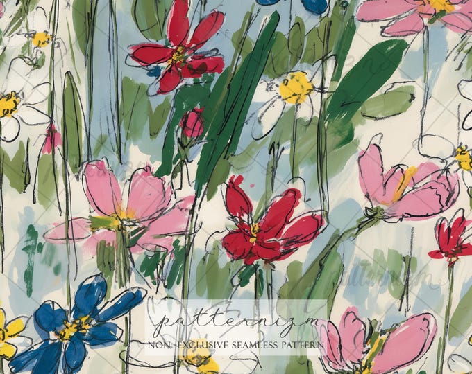 Seamless Wildflower Meadow Pattern Digital Download – Hand Painted Floral Repeat, Cottagecore Botanical Fabric Design