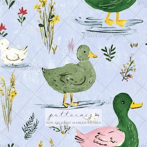 Aquarell Ente Nahtlose Muster Digitales Papier - Niedliche Bauernhof Tier Kunst, weiches Pastell-Wiederholungsdesign