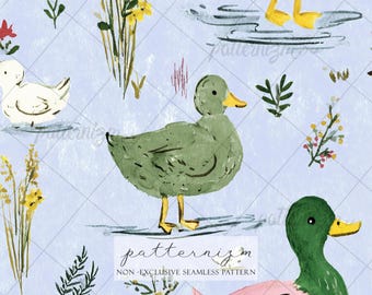 Watercolor Duck Seamless Pattern Digital Paper – Cute Farm Animal Art, Soft Pastel Repeat Design
