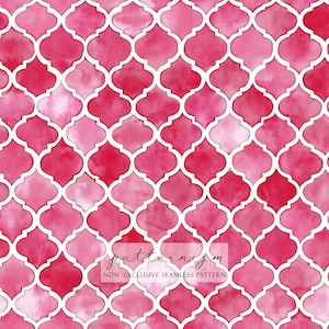 May include: A seamless pattern featuring a watercolor design in shades of pink and red. The pattern consists of a repeating geometric motif with white outlines, creating a visually appealing and textured effect. The text "patternizm" and "NON-EXCLUSIVE SEAMLESS PATTERN" are visible.