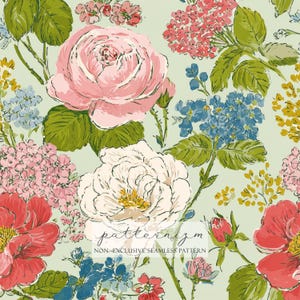 May include: A seamless floral pattern featuring large pink and white roses, red and pink hydrangeas, and blue and yellow accent flowers on a light green background. The design includes green leaves and stems. The text "patternizm" and "NON-EXCLUSIVE SEAMLESS PATTERN" is visible.