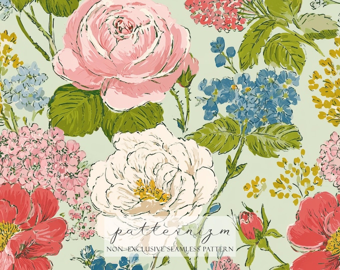 Vintage Floral Seamless Pattern – Romantic Garden Roses & Wildflowers, Soft Green Repeat Design for Fabric and Wallpaper