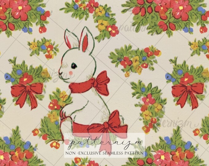 Seamless Easter Bunny Floral Pattern Digital Download – Cute Rabbit Illustration, Spring Nursery Fabric