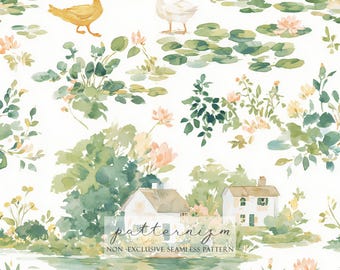 Akwarelowy wzór Cottagecore Pond bez szwu – mała kaczuszka i lilia wodna do pobrania w wersji cyfrowej, krajobraz wiejskiego domu, tkanina o fantazyjnej naturze