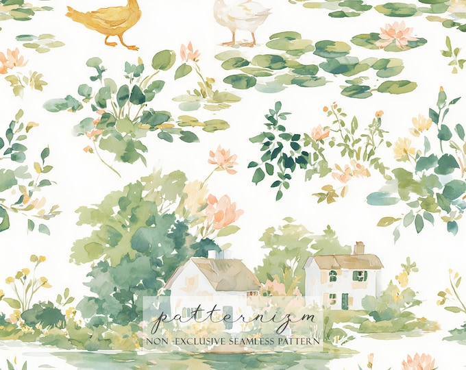 Watercolor Cottagecore Pond Seamless Pattern – Tiny Duck & Lily Pad Digital Download, Country House Landscape, Whimsical Nature Fabric