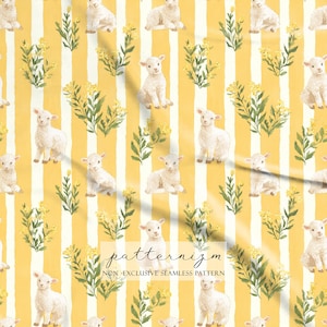 May include: A repeating pattern featuring white lambs, yellow flowers, and green foliage on a yellow and white striped background. The text "patternizm" and "NON-EXCLUSIVE SEAMLESS PATTERN" are visible.