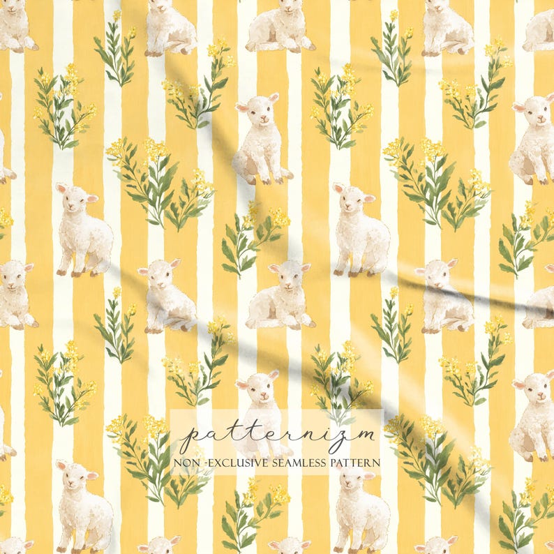 May include: A repeating pattern featuring white lambs, yellow flowers, and green foliage on a yellow and white striped background. The text "patternizm" and "NON-EXCLUSIVE SEAMLESS PATTERN" are visible.