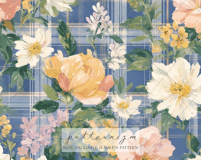 Seamless Floral Plaid Pattern Digital Download – Painted Flowers on Blue Tartan Background