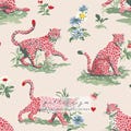 Whimsical Leopard Seamless Pattern \u2013 Pink Spotted Big Cats with Flowers on Beige, Cute Jungle Animal Design for Fabric & Print
