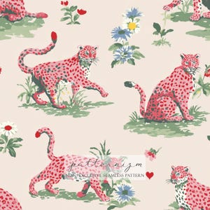 May include: A repeating pattern of pink leopards with red spots on a light beige backdrop. The design incorporates green grass, red and white flowers, and blue daisies. The text "patternizm" and "NON-EXCLUSIVE SEAMLESS PATTERN" is visible.