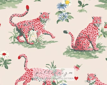 Skurriles Leopard Muster - rosa gefleckte Raubkatzen mit Blumen auf beige, niedliches Dschungel Tier Design für Stoff & Druck