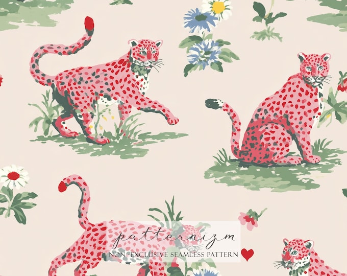 Whimsical Leopard Seamless Pattern – Pink Spotted Big Cats with Flowers on Beige, Cute Jungle Animal Design for Fabric & Print