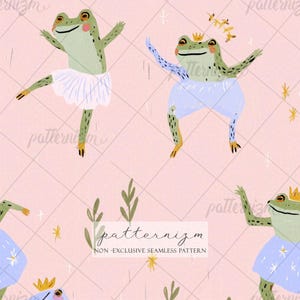 May include: A seamless pattern on a light pink background featuring green frogs wearing white or blue skirts and gold crowns, interspersed with small yellow stars. The text patternizm NON-EXCLUSIVE SEAMLESS PATTERN is centered in a white rectangular box.