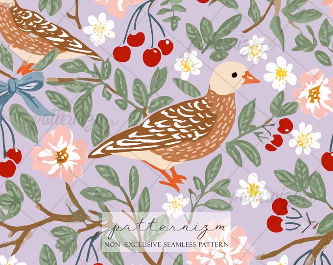 Seamless Spring Bird & Cherry Pattern – Lavender Garden Design, Blue Bows, Whimsical Summer Bird Fabric, Pastel Cottagecore Digital Paper
