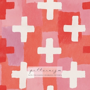 May include: Seamless pattern featuring white crosses on a background of red, pink, and coral brushstrokes. The image has the text "patternizm" and "NON-EXCLUSIVE SEAMLESS PATTERN".