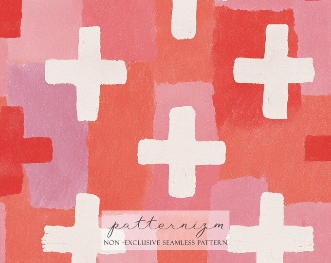 Seamless Christian Cross Pattern Digital Download – Watercolor Crosses in Pink Red, Faith Inspired Repeat, Christian Fabric Design