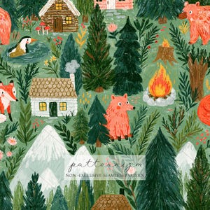 May include: A seamless pattern illustration featuring a forest landscape with log cabins, snow-capped mountains, pine trees, a campfire, a duck in a pond, and orange foxes and bears. The text patternism NON-EXCLUSIVE SEAMLESS PATTERN is visible.