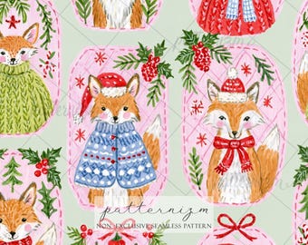 Fox Christmas Seamless Pattern Digital Download, Cozy Winter Fox Holiday Tags Pink Green Design
