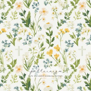Op de afbeelding: Waterverf bloemenpatroon met gele, witte en blauwe bloemen, groene bladeren en kruisen op een crèmekleurige achtergrond. Het ontwerp bevat de tekst "patternizm - NON-EXCLUSIVE SEAMLESS PATTERN".