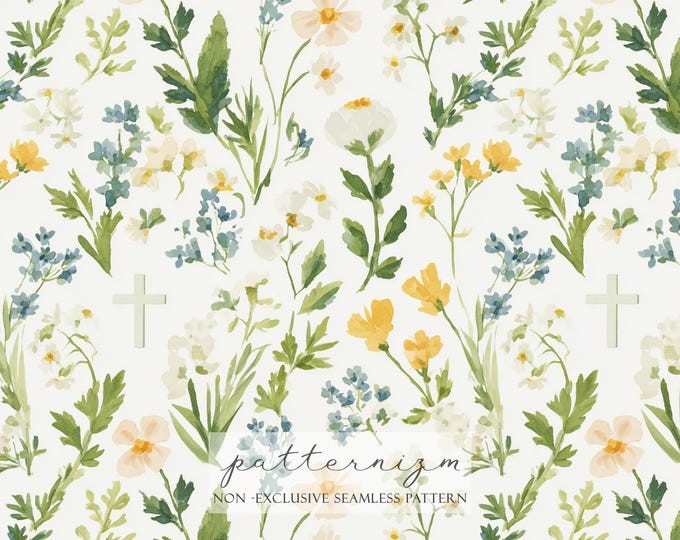 Easter Cross Seamless Pattern – Christian Wildflower Spring Floral with Cross, Religious Digital Paper