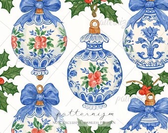 Digital Download Seamless Pattern, Blue Christmas Ornaments, Holly Berries, Bows, Chinoiserie Holiday Watercolor