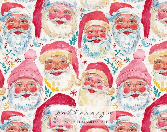 Watercolor Santa Claus Seamless Pattern, Painted Christmas Santa Faces, Festive Holiday, Scrapbooking, Junk Journal, Digital Ephemera Paper