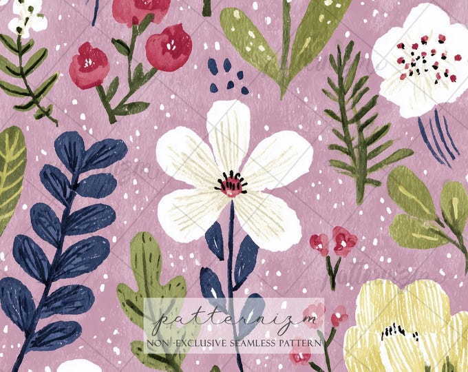 Seamless Pink Floral Pattern Digital Download – Whimsical Wildflower Garden Design, Cottagecore Botanical Print, Spring Fabric