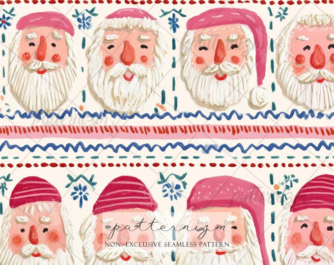Cute Santa Seamless Pattern – Christmas Holiday Design, Whimsical Winter Fabric Print, Festive Cottagecore Illustration