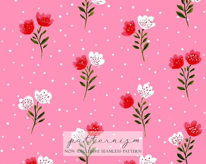 Cute Floral Dot Seamless Pattern – Small Red and White Flowers on Pink Background Digital Paper for Scrapbooking Crafts