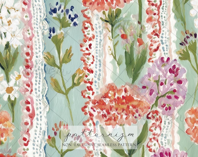 Seamless Vintage Floral Stripe Pattern Digital Download – Romantic Watercolor Garden Wallpaper, Cottagecore Botanical Fabric