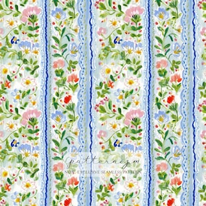May include: Watercolor floral pattern with vertical stripes. The design features pink, blue, red, and yellow flowers with green leaves on a white background. Blue stripes with a scalloped edge border the floral pattern. The text "patternizm" and "NON-EXCLUSIVE SEAMLESS PATTERN" are visible.