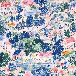 Pode incluir: Padrão de paisagem em aquarela com casas, árvores e um lago. O design utiliza tons de azul, rosa e verde, com um estilo suave e pictórico. O texto "patternizm" e "NON EXCLUSIVE SEAMLESS PATTERN" são visíveis.