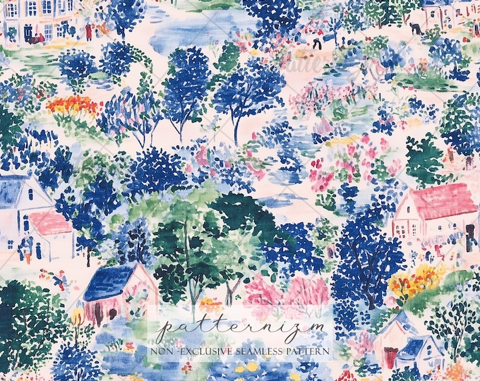 Seamless Countryside Village Pattern Digital Download – Watercolor Rural Landscape with Houses and Trees
