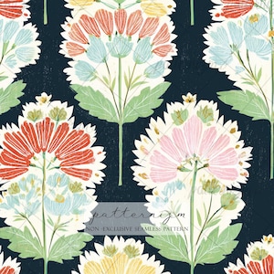 May include: Seamless floral pattern featuring stylized flowers in shades of red, pink, yellow, and blue against a dark navy background. The design includes green leaves and white accents. The text "patternizm" and "NON-EXCLUSIVE SEAMLESS PATTERN" are visible.