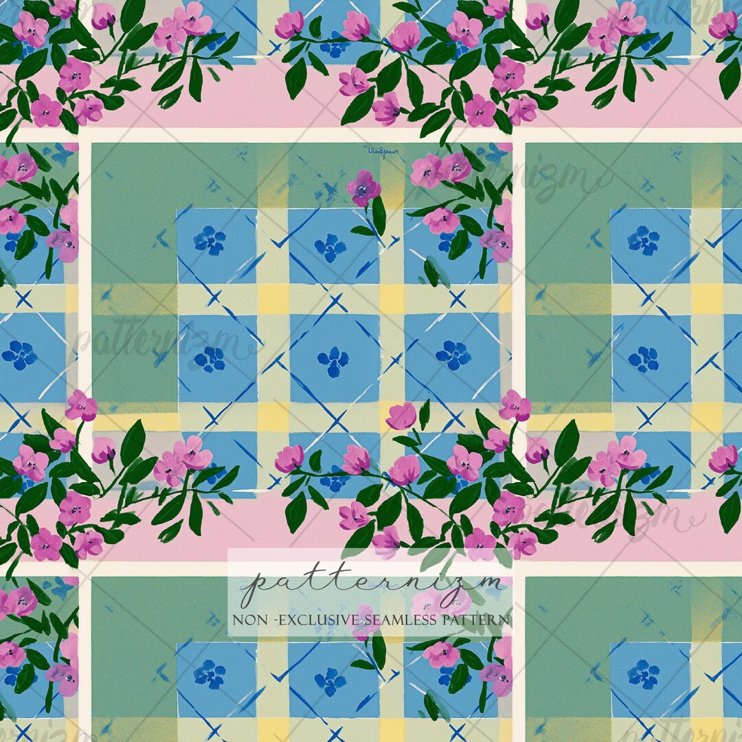 Seamless Floral Checkered Pattern Digital Download – Pink Flowers ...