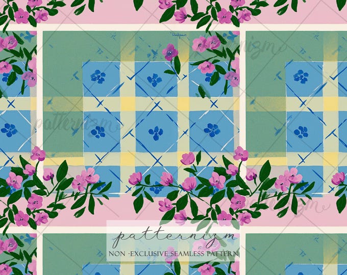 Seamless Floral Checkered Pattern Digital Download – Pink Flowers & Blue Plaid Design, Whimsical Garden Fabric for Kids and Crafts