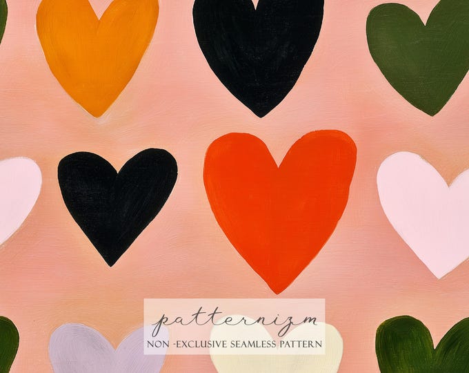 Seamless Heart Pattern, Retro Bold Hearts on Pink Background, Mid Century Love Print, Valentine Fabric Repeat Design Download
