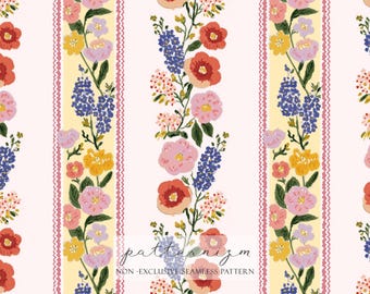 Painted Floral Border Seamless Pattern – Folk Garden Stripe Ribbon Trim Repeat, Vintage Spring Decorative Fabric