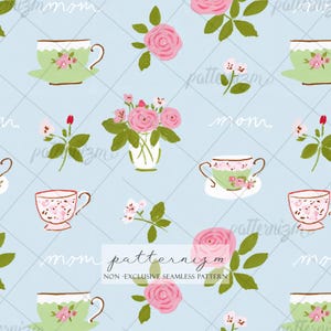 May include: A seamless pattern featuring teacups, roses, and floral arrangements in pink and green on a light blue background. The design includes the word "mom" and the text "patternizm NON-EXCLUSIVE SEAMLESS PATTERN".