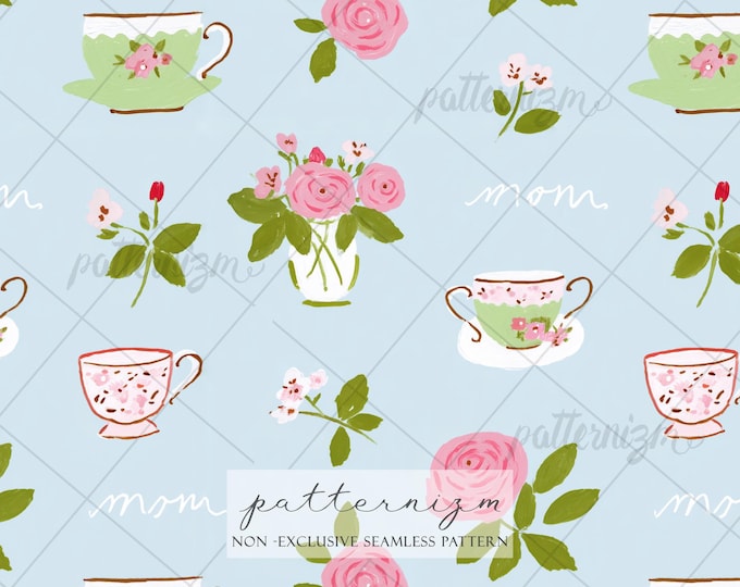 Seamless Mothers Day Tea Pattern Digital Download – Painted Teacups, Roses and Florals