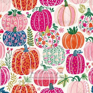 May include: A repeating pattern of colorful pumpkins in various designs and colors, including pink, orange, blue, and green. Some pumpkins feature floral patterns, while others have polka dots or leopard print. The background is off-white.
