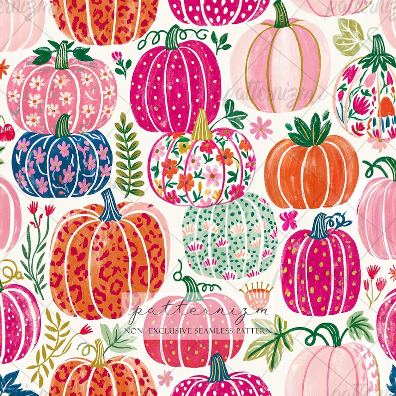 May include: A repeating pattern featuring a variety of pumpkins in shades of pink, orange, blue, and green. Some pumpkins are decorated with floral designs, polka dots, or leopard print. The background is a cream colour.
