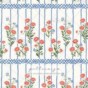 Seamless Soft Patriotic Floral Pattern Digital Download – Subtle 4th of July Americana Stripe & Wildflower Design, Cottagecore Fabric